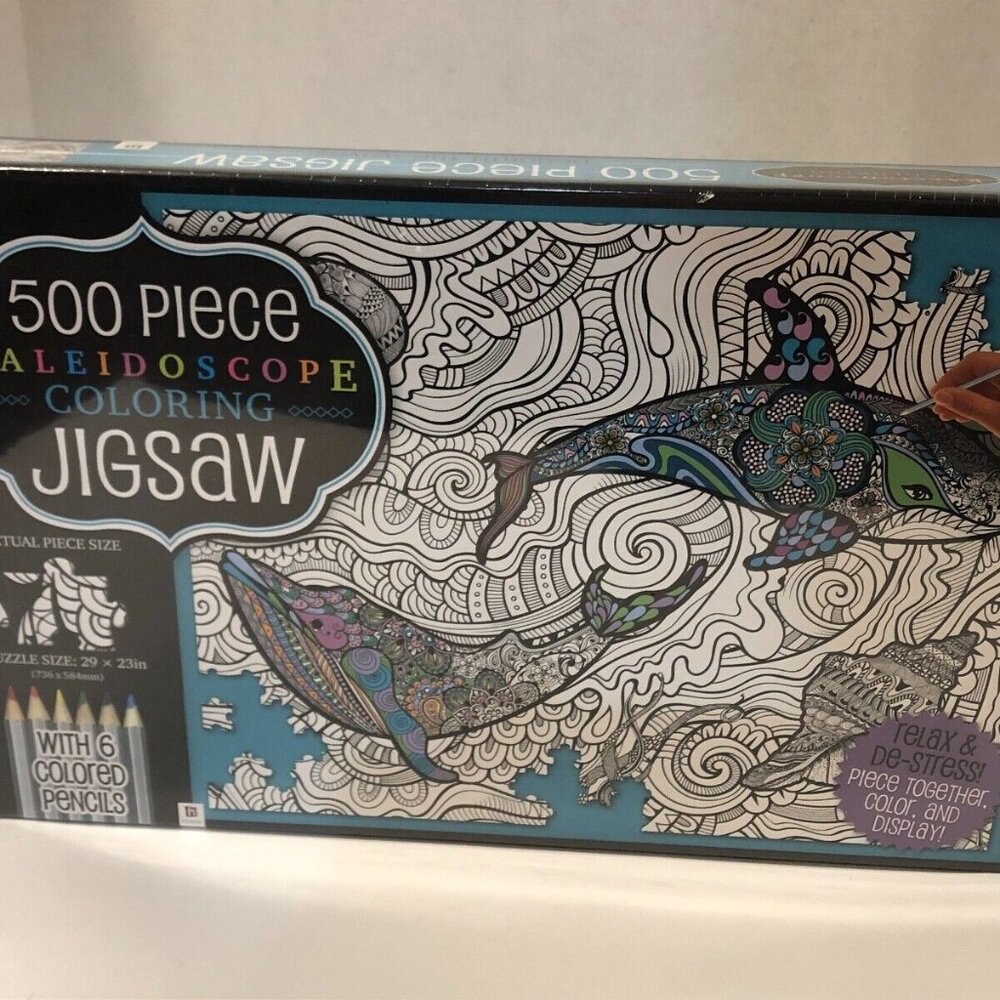 Kaleidoscope Coloring Jigsaw 500 pc Puzzle w/ 6 Color Pencils, NEW